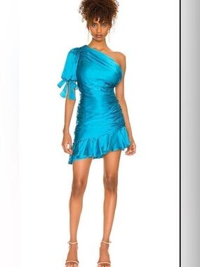 Amanda Uprichard Teal One-Shoulder Satin Mini Dress